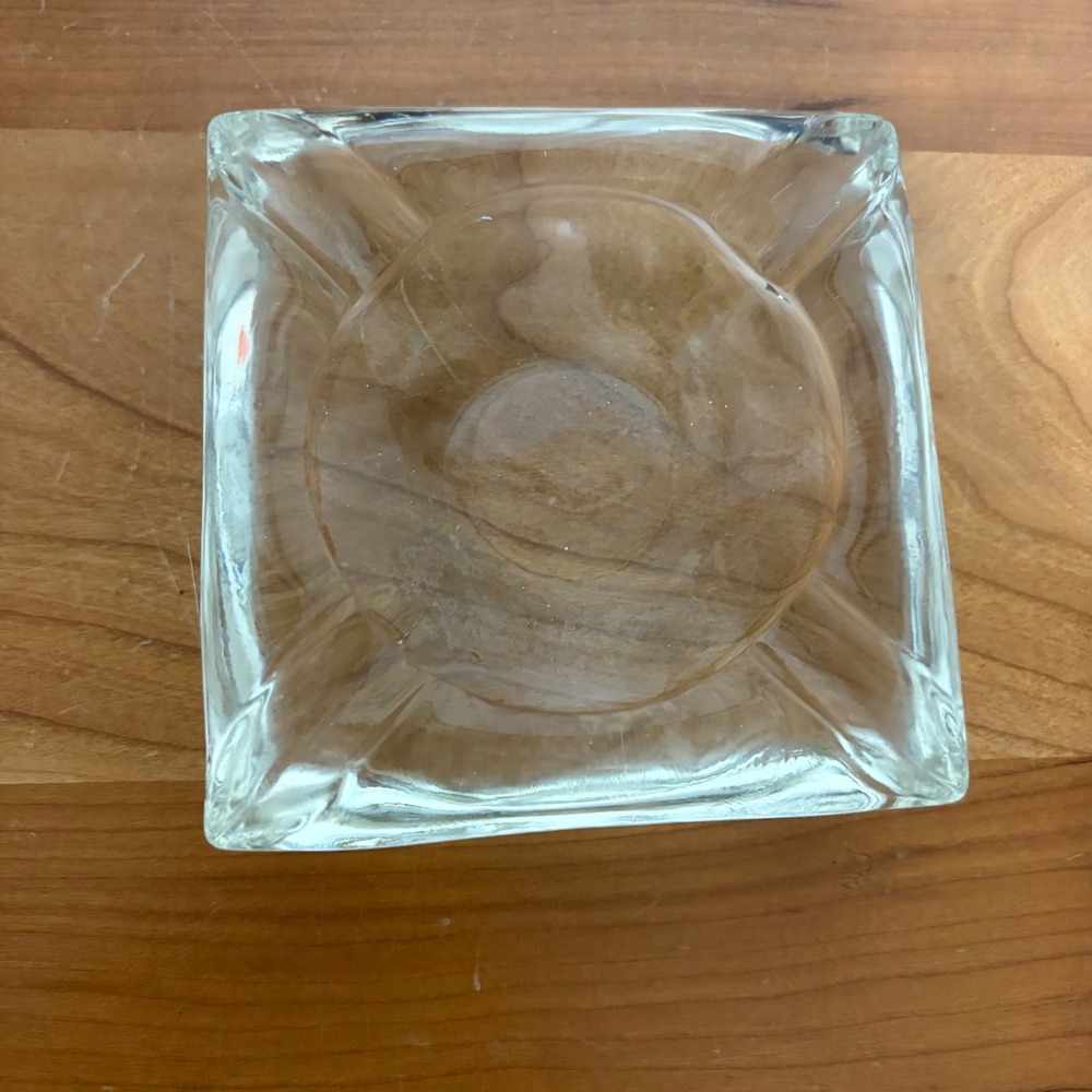 Vintage Heavy Clear Glass Square Ashtray 4 Slot Mid Century Modern Decor 3.75in